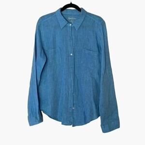 Lilly Pulitzer Blue Linen Shirt Blouse Women's Size Large Button Front freshly D